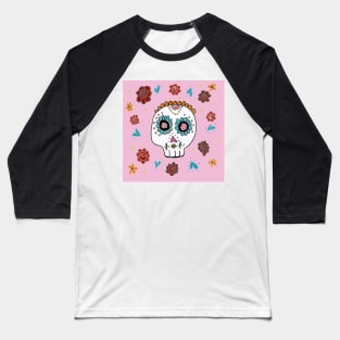 Sugar Skull and Roses pastel pink background Baseball T-Shirt